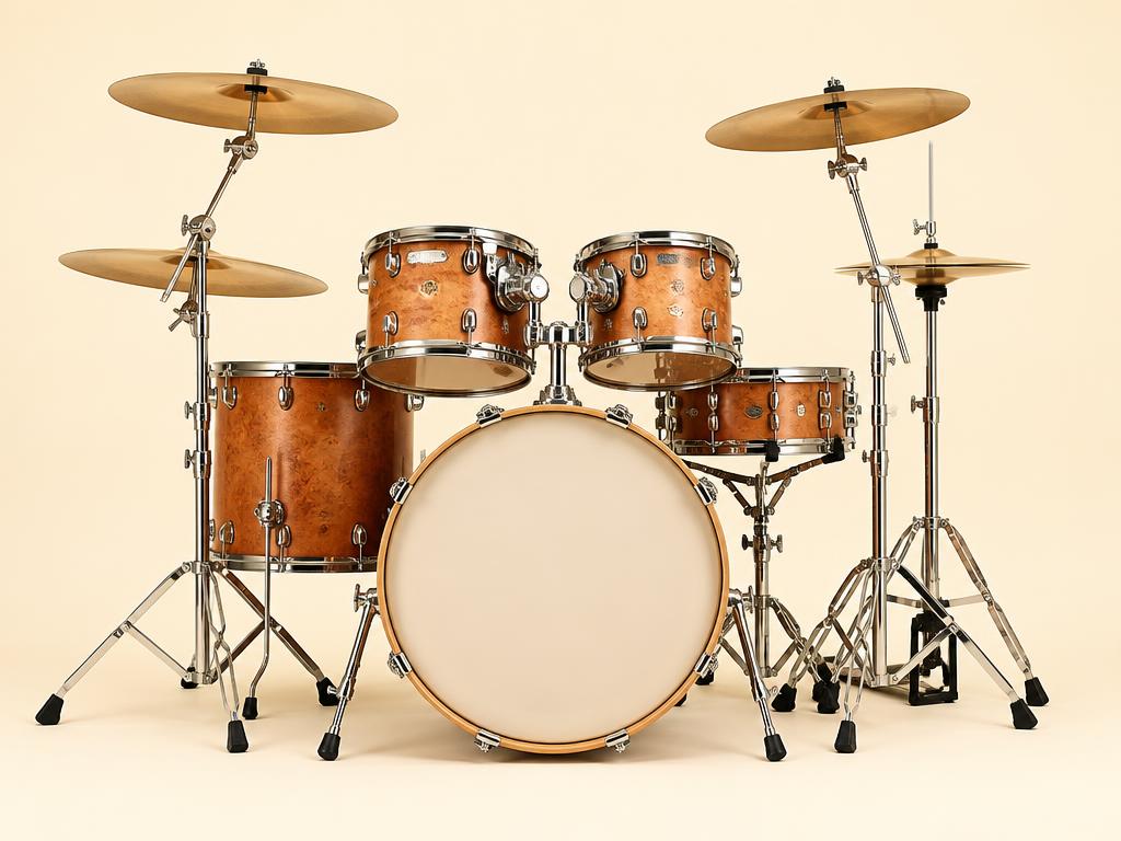 A full acoustic drum kit with cymbals