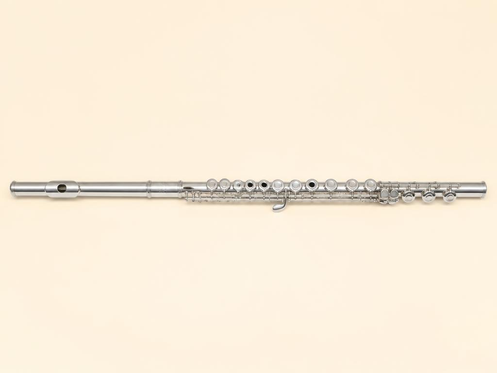 A silver concert flute lying flat
