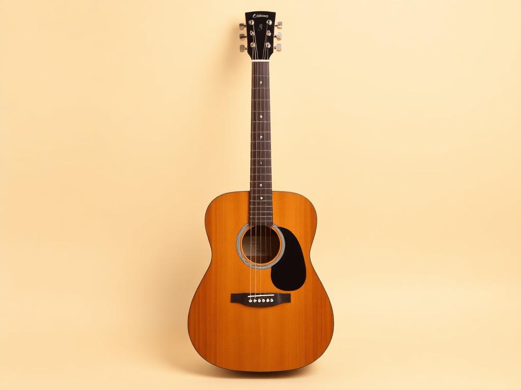An acoustic guitar standing upright