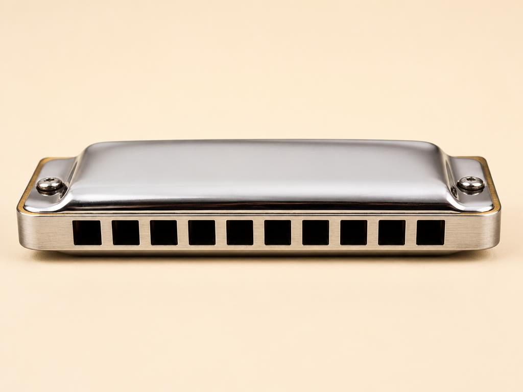 A silver harmonica seen from the side