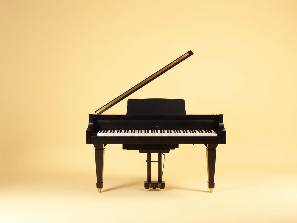A black grand piano with the lid raised