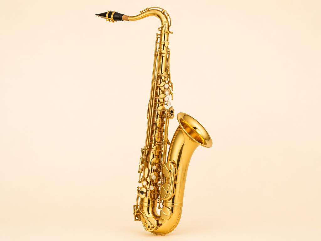 A gold tenor saxophone standing upright