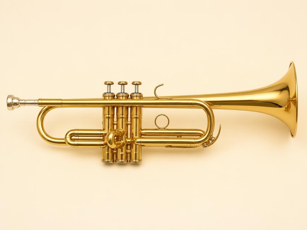 A gold brass trumpet lying on its side